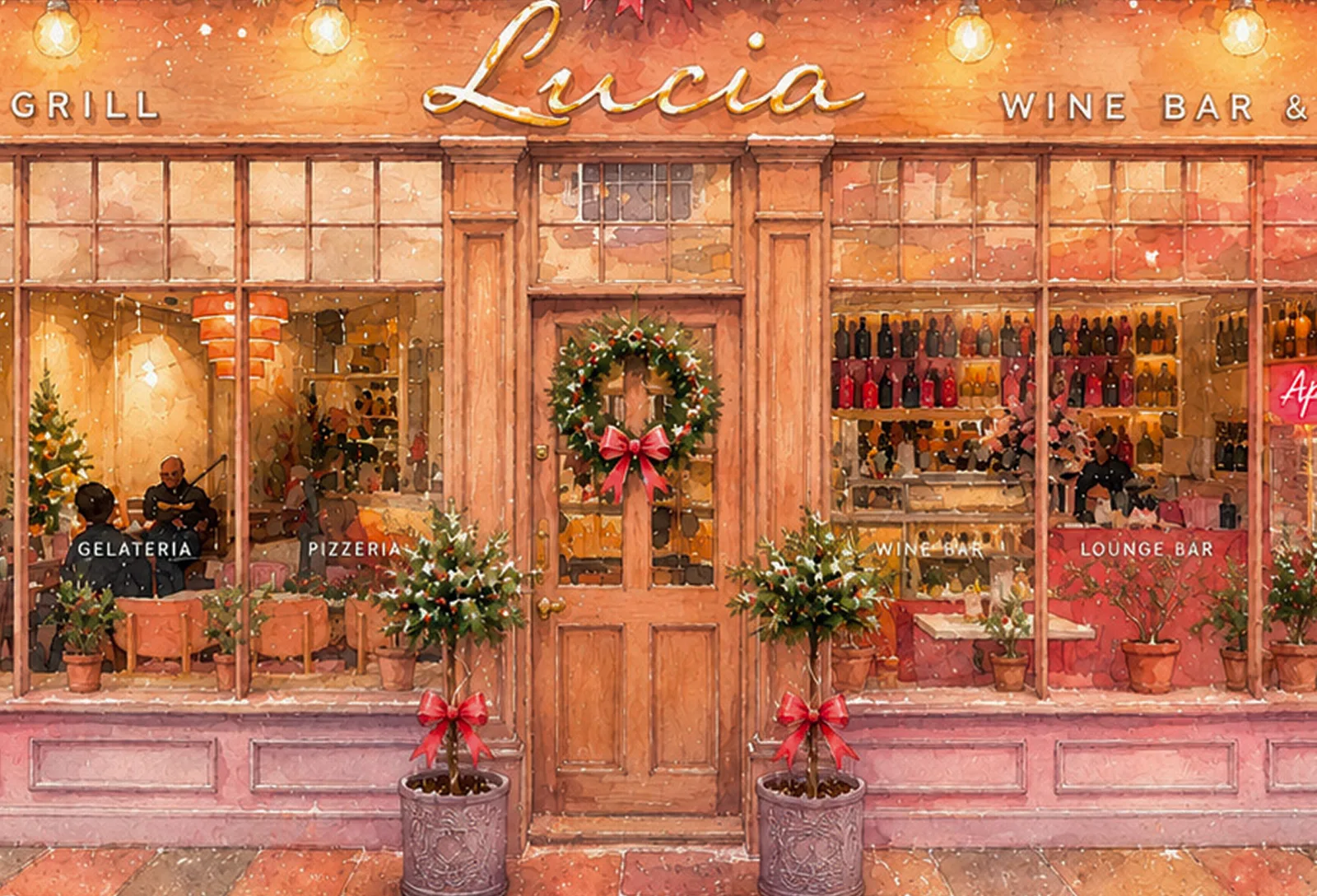 Festive storefront of Lucia Grill Wine Bar decorated with Christmas wreaths, red bows, garlands, and hanging ornaments, featuring sections for Gelateria, Pizzeria, Wine Bar and Lounge Bar with large display windows and wooden doors