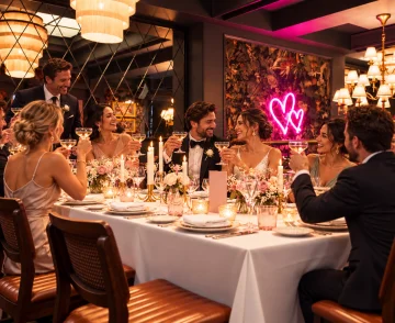 Elegant wedding reception dinner with guests in formal attire seated at a long white-clothed table, raising champagne glasses in celebration. The luxurious venue features warm gold lighting, ornate chandeliers, floral centrepieces, and a neon pink double hearts sign on the wall. Decorative botanical tapestry and geometric wall panels enhance the sophisticated ambiance.