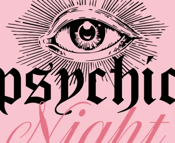 Illustrated eye with radiating lashes above bold gothic text reading "psdlnc" and cursive pink text reading "Night" on a pink background