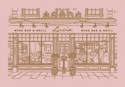 Line drawing illustration of Lucia Wine Bar & Grill storefront on a pink background, showing an elegant façade with large windows, heraldic crests above, and interior sections labelled restaurant, gelateria, pizzeria, patisserie, lounge bar and gift shop.