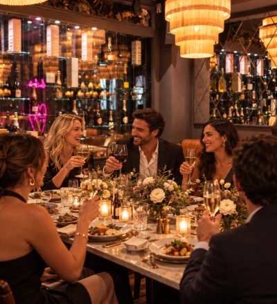 Group of five people enjoying a formal dinner party in an upscale restaurant with elegant pendant lighting, wine glasses, floral centrepieces and a well-stocked bar visible in the background.